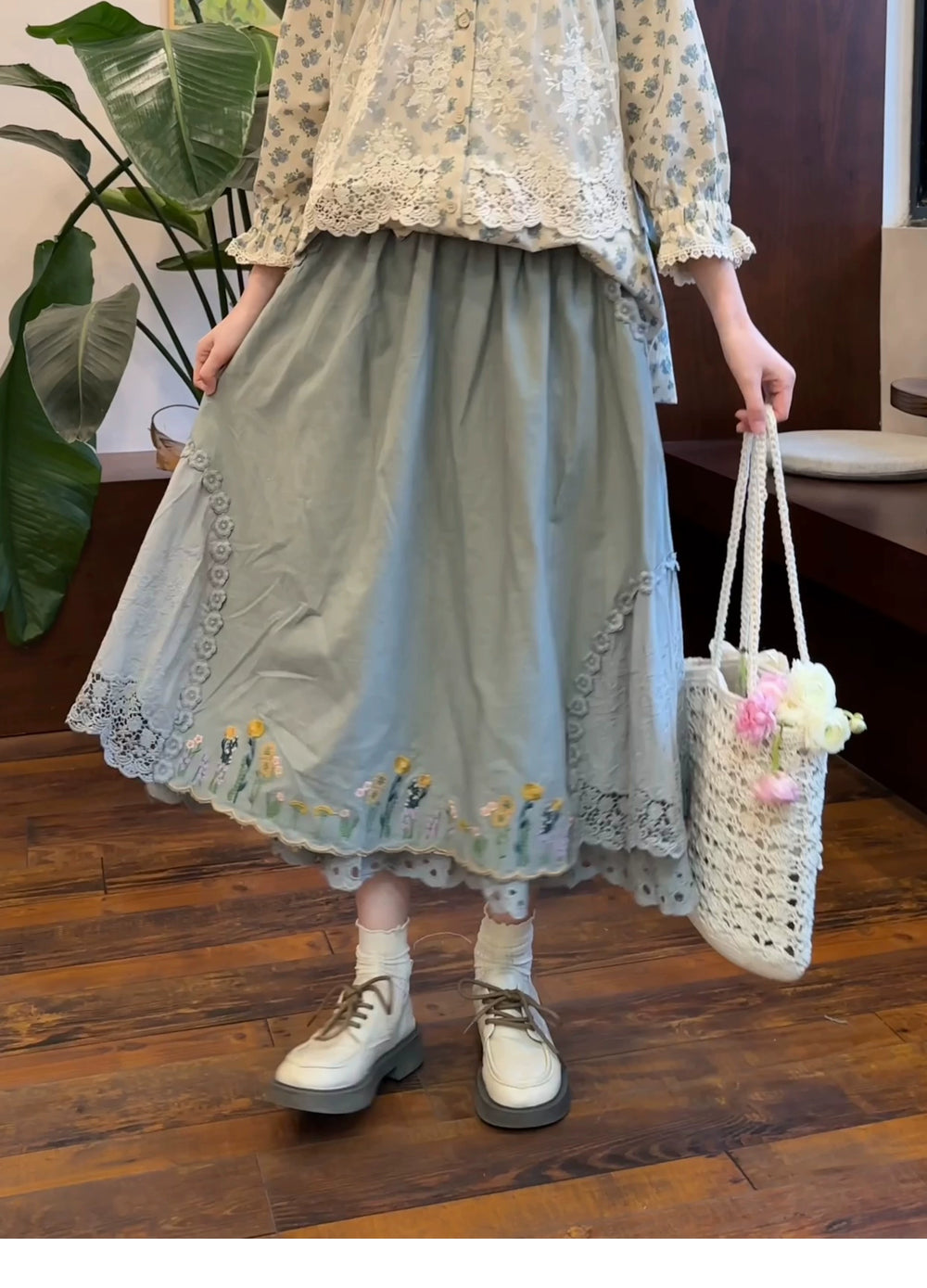 Mori Kei Skirt Sweet Retro Linen Embroidered Long Skirt 41802:714082