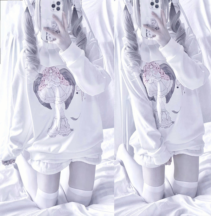 Tenshi Kaiwai Hoodie Angel Print Sweatshirt White Top 38084:579612