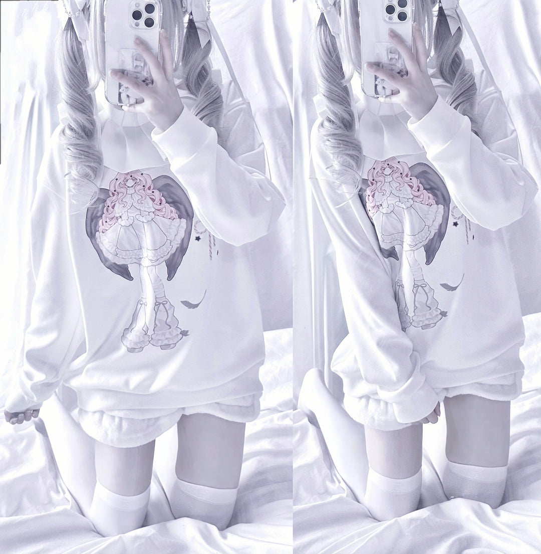 Tenshi Kaiwai Hoodie Angel Print Sweatshirt White Top 38084:579614