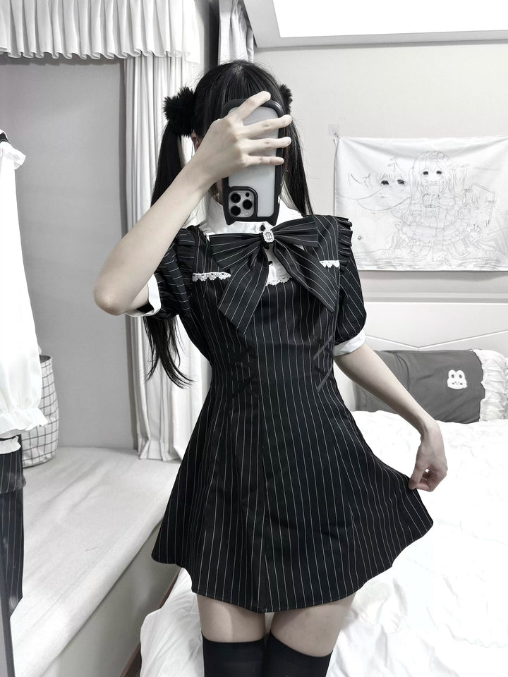 Jirai Kei Striped Short Sleeve Dress, Detachable Bow Tie (L M S XL) 45798:862900