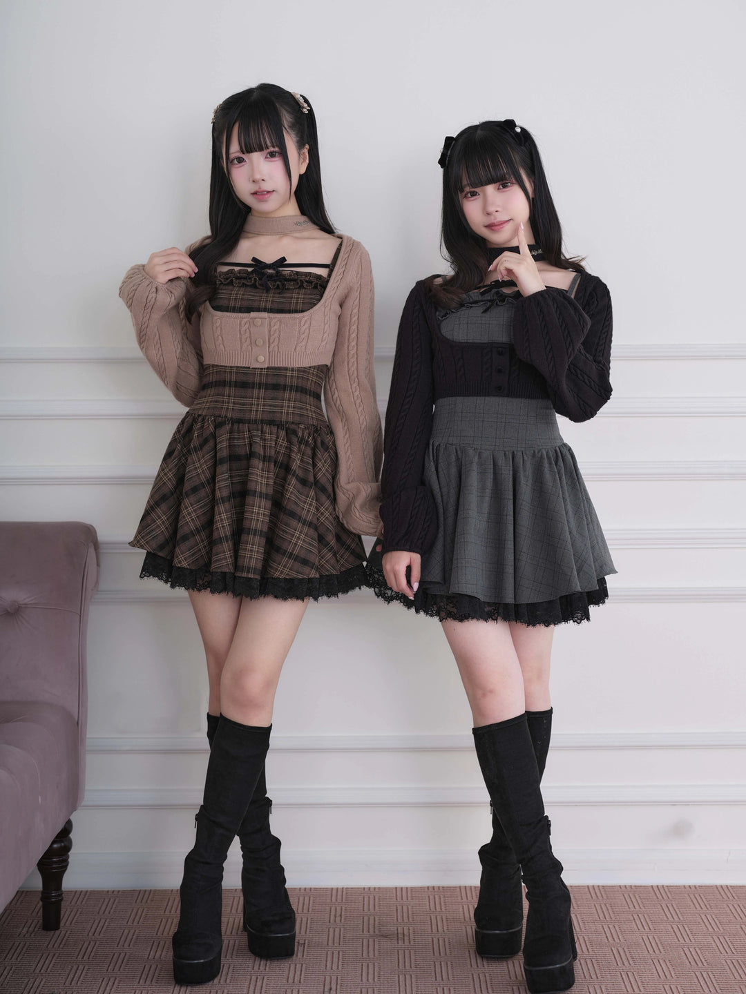 Ryousangata Plaid Dress & Knit Sweater Set, Choker-Neck 46032:873333