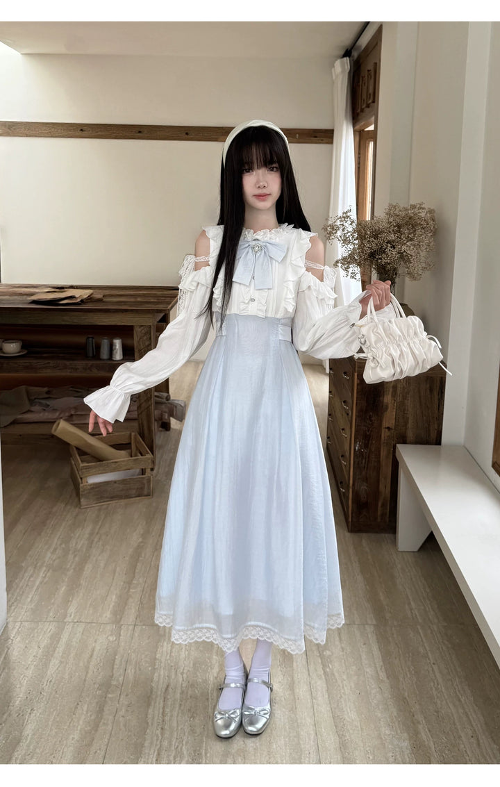 Seiso Kei Open Shoulder Dress, Blue & White Color Spliced 45752:861385