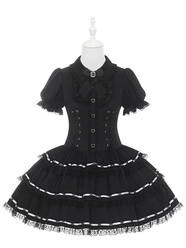 Puffy-Sleeved Jirai Kei Dress, Cake-Designed Hem (L M S XL) 45569:854241