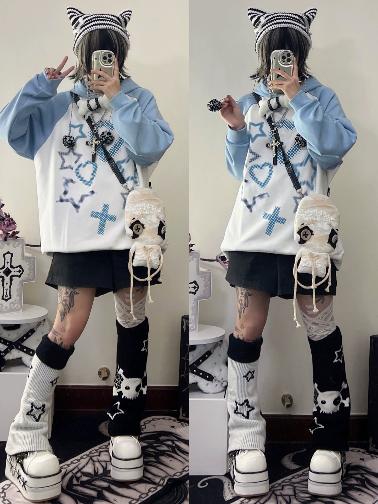 Jirai Kei Blue Cross Hoodie 29242:340774