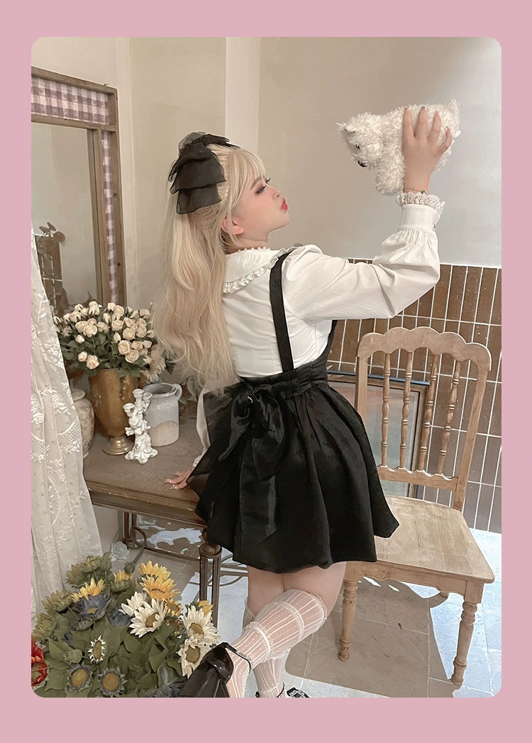 Plus Size Jirai Kei Black Bud Skirt White Blouse 22058:324330