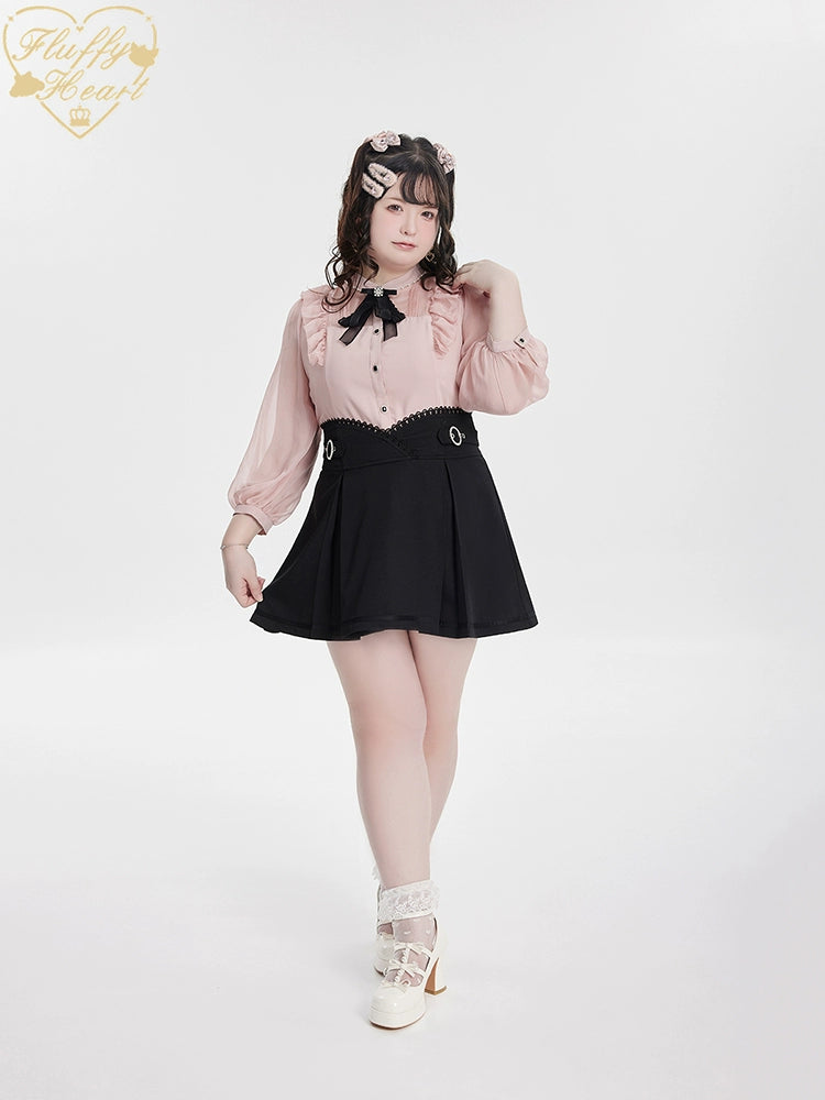White Pink Jirai Kei Blouse Sheer Lace Shirt with Rhinestone 32914:403866