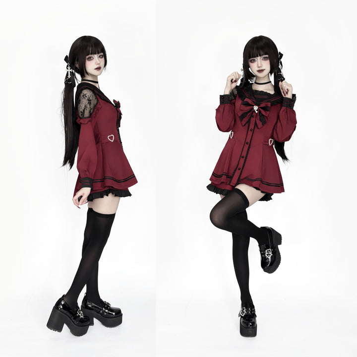 Jirai Kei Dress Set Sailor Collar Long-sleeved Dress 34502:734657