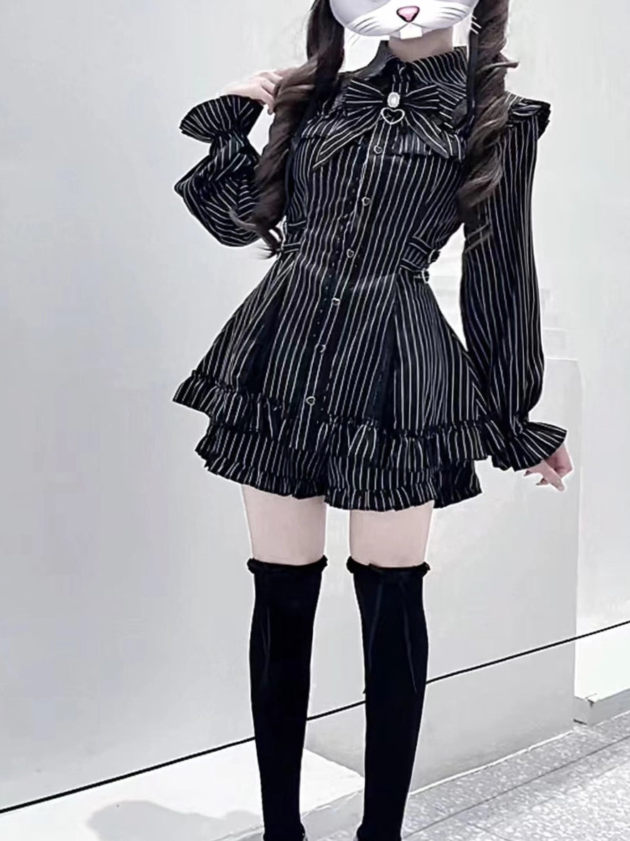 Striped Jirai Kei Dress Set, Elastic-Waisted Shorts (Black / L M S XL) 44295:805544