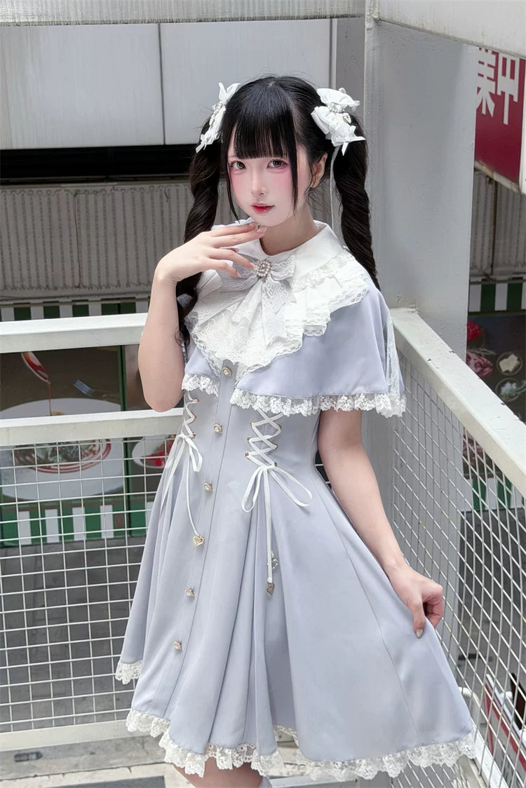 Ryousangata Cape Layered Dress, White & Blue 45573:853453