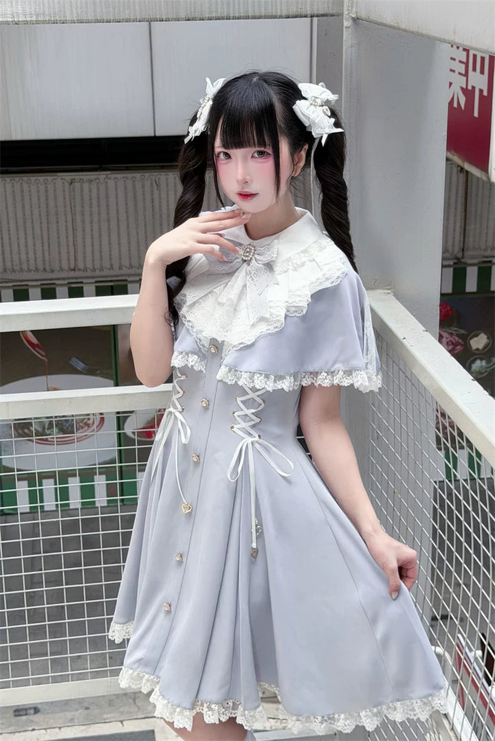 Ryousangata Cape Layered Dress, White & Blue 45573:853453