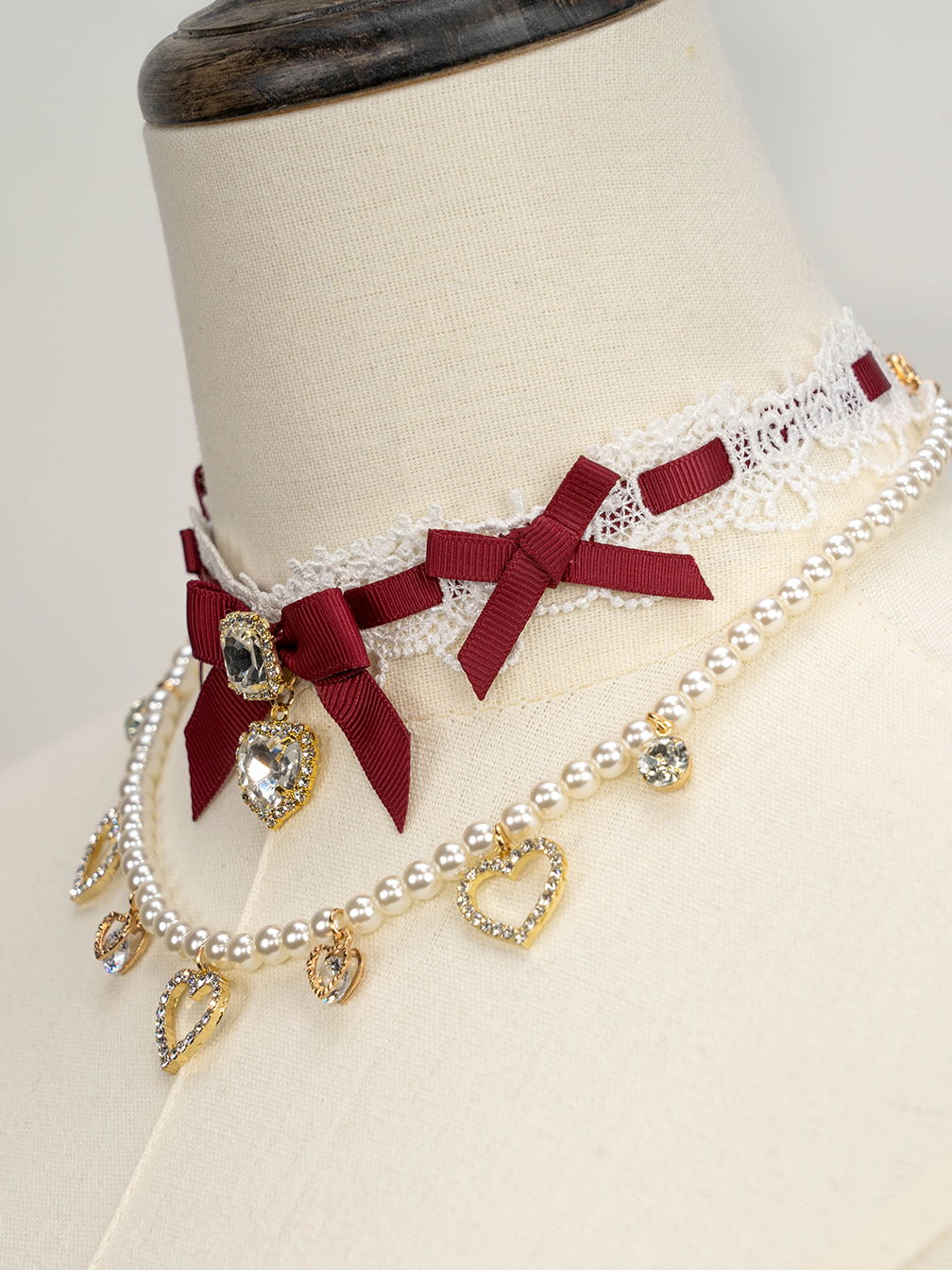 Jirai Kei Necklace Double-layered Pearl Rhinestone Choker 33806:446350 33806:446350