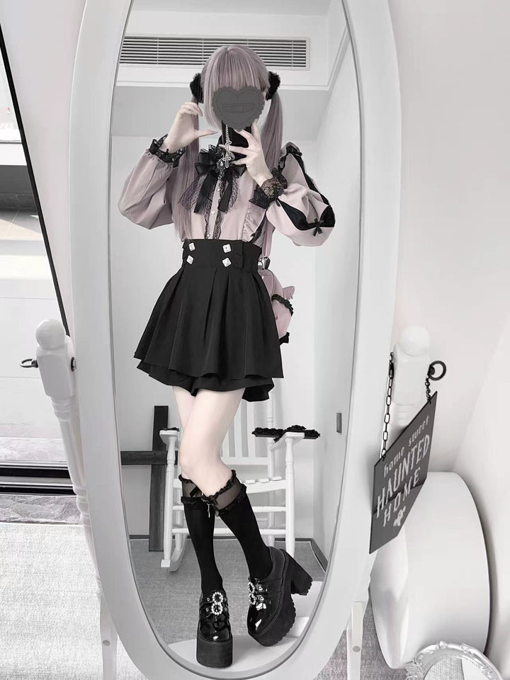 Jirai Kei Lace Blouse Outfit, High-Waist Skirt 43813:789584