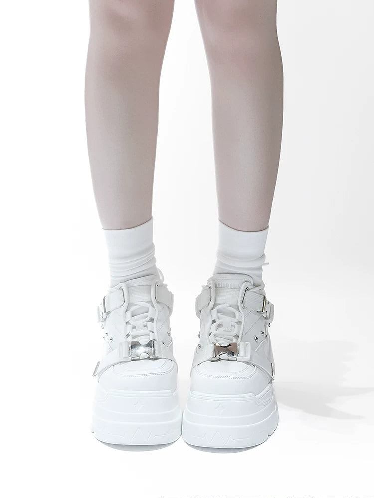 White/Black Punk High Platform Shoes, Metal Buckles 44400:807754