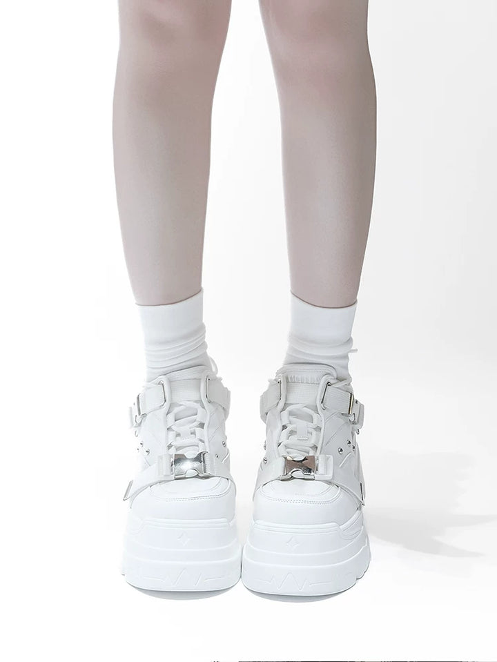 White/Black Punk High Platform Shoes, Metal Buckles 44400:807754