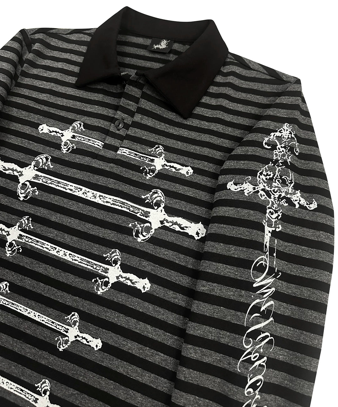 Gothic Striped Long Sleeve Polo Shirt, Carved Swords Print 46067:874788