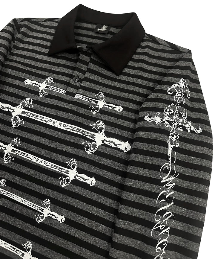 Gothic Striped Long Sleeve Polo Shirt, Carved Swords Print 46067:874788