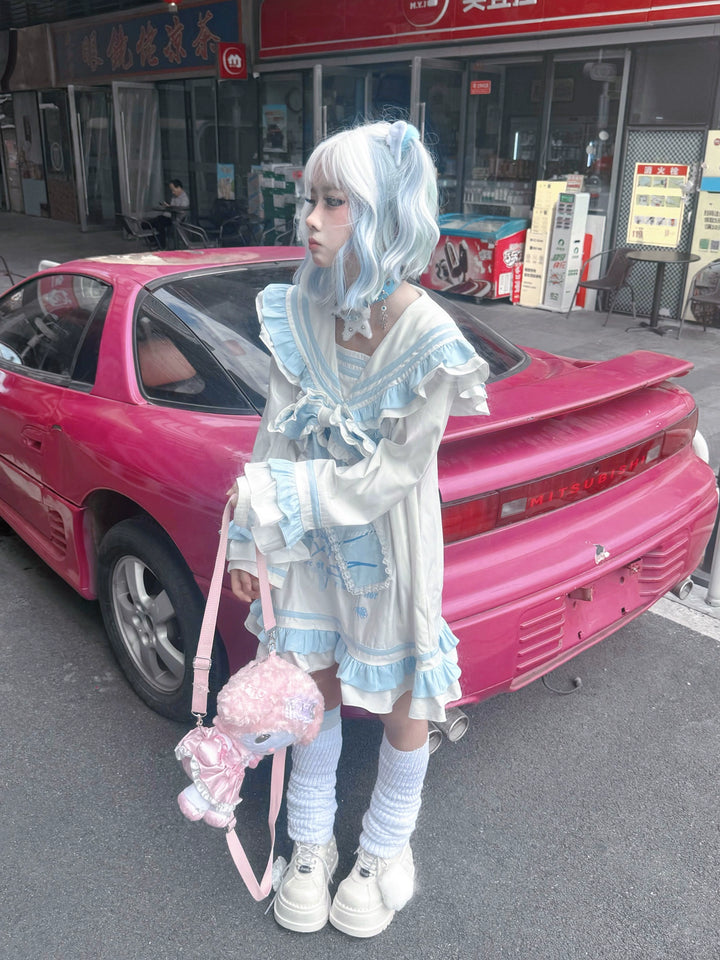 Yami Kawaii Blue White Dress with Sailor Collar & Cross Spiderweb Print 42855:758667