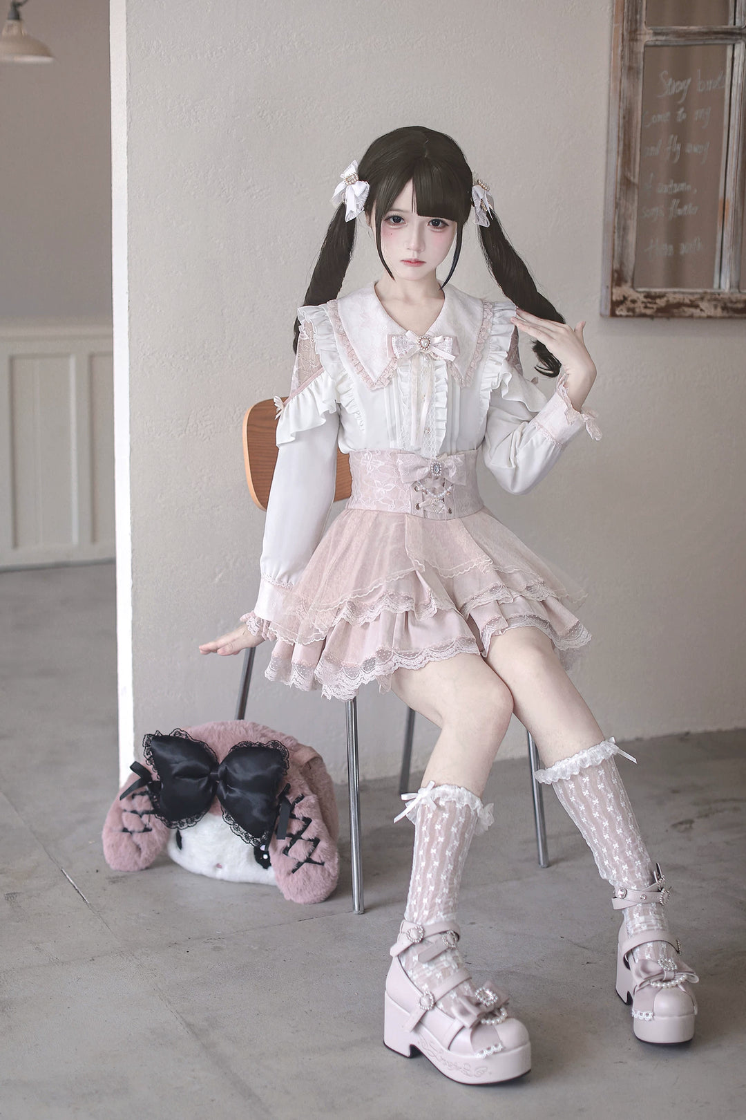 Jirai Kei Long Sleeve Blouse, Lace Open-Shoulder 44588:815042