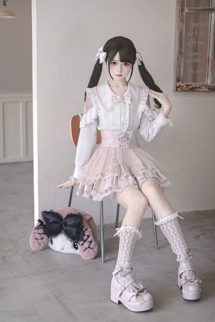 High-waist Jirai Kei Skirt, Pearl & Rhinestone Accents 44782:826659