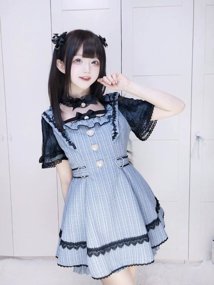 Jirai Kei Lace Sleeve Dress Set, Detachable Faux Collar 45261:842959