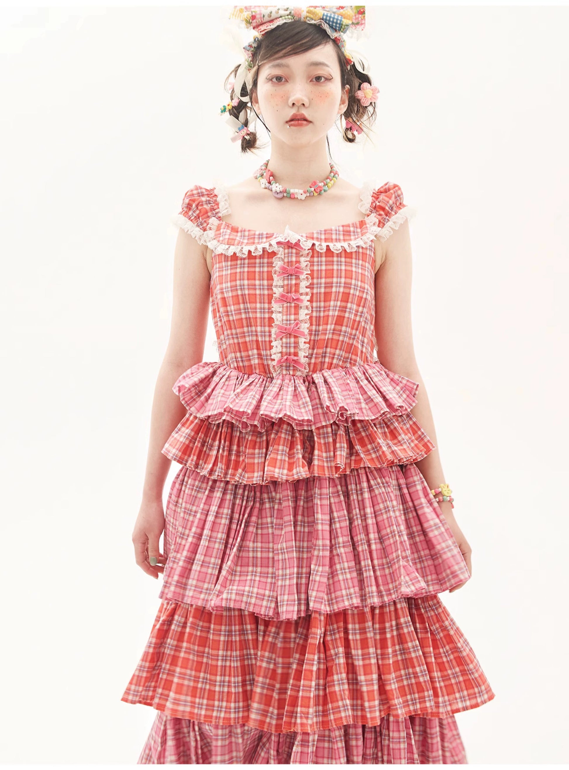 Sweet Lolita Dress Pink Plaid Dress Kawaii Layered Dress 36166:543366