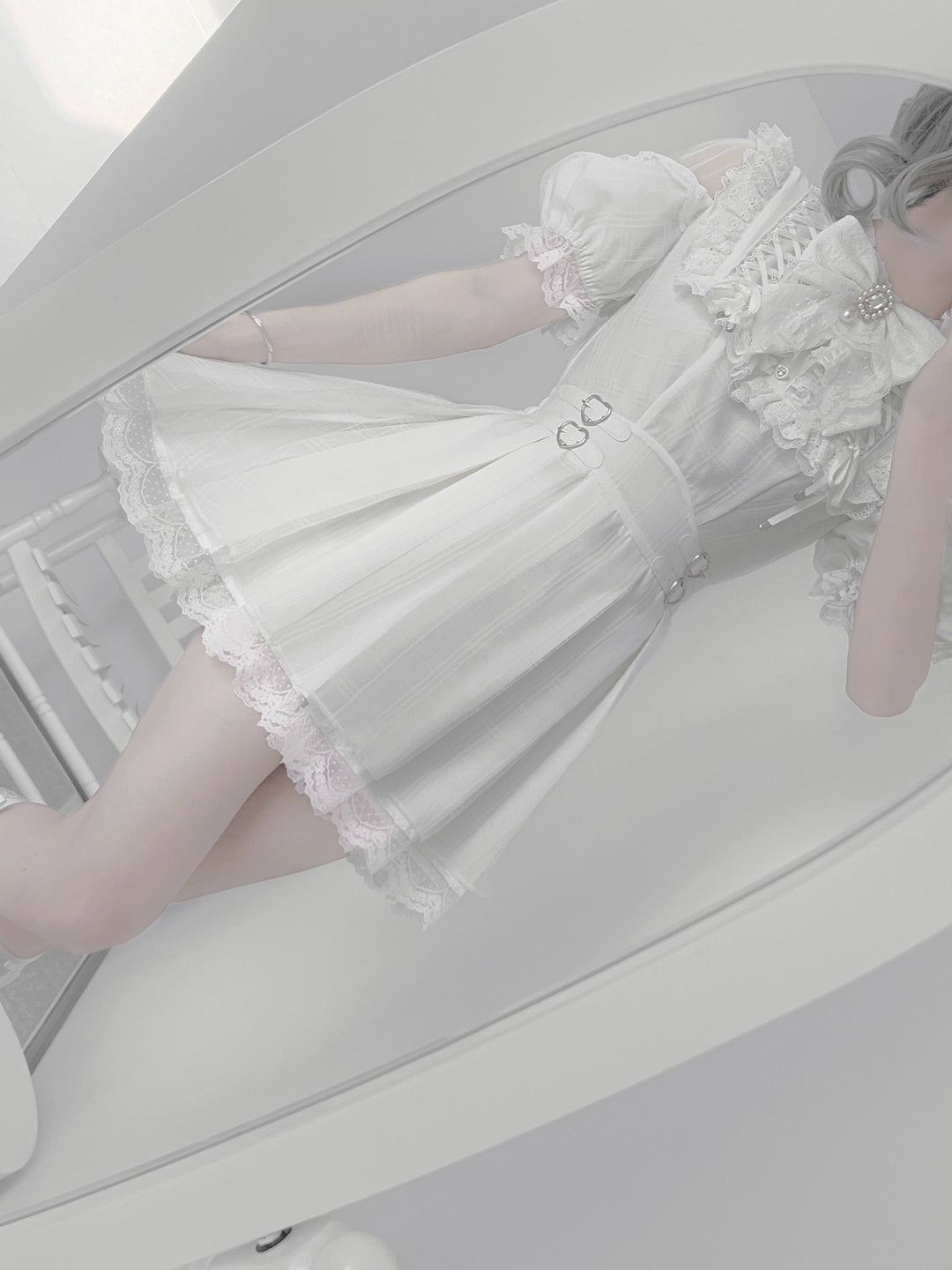 White Jirai Kei Dress with Puffy Sleeves and Tulle Shoulder – Honey Wardrobe White Jirai Kei Dress with Puffy Sleeves and Tulle Shoulder – Honey Wardrobe