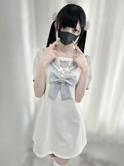 Jirai Kei Dress Pearl Embroidered Dress Short Sleeve Dress 37648:568060