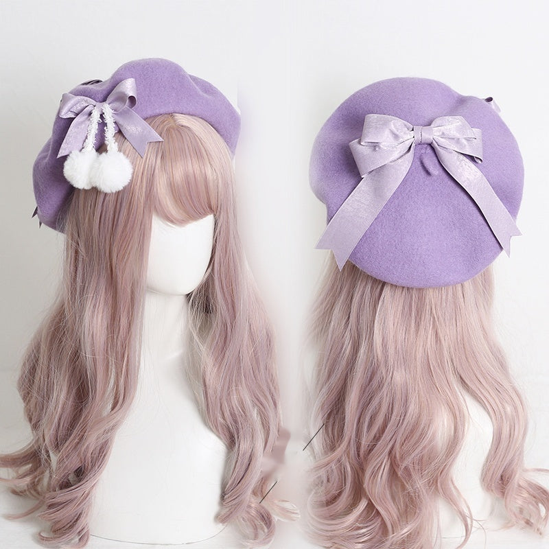 Japanese Lolita Felt Ball Bow Multicolored Hat Beret 28930:350668 28930:350668