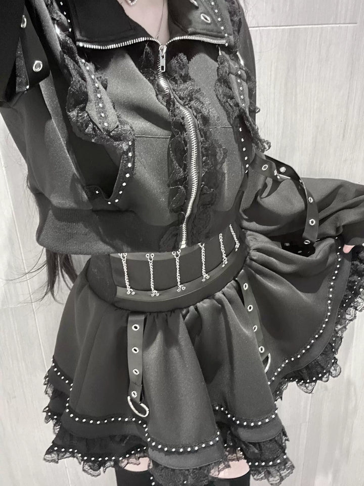 Punk Jacket and Skirt, Cross Zipper and Studs 45649:858253