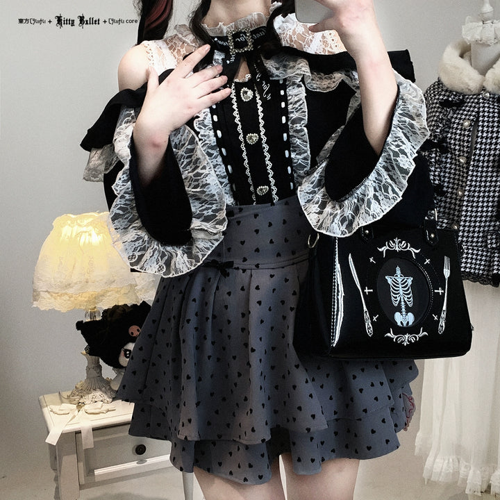 Lace Open-Shoulder Jirai Kei Blouse, Long Sleeves 44004:793115