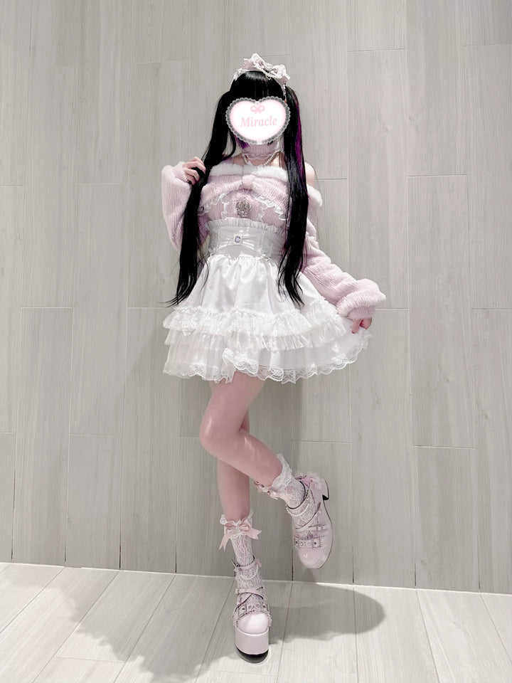 High-Waistband Jirai Kei Skirt, Tiered Lace Hem 44115:803732