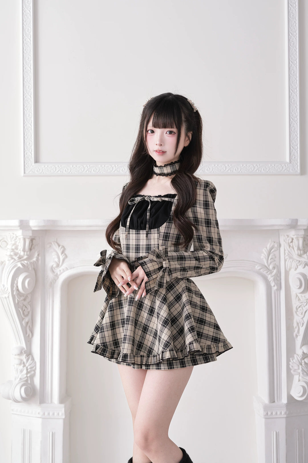 Jirai Kei Plaid Dress and Shorts Set, Lace Trim Choker 44689:819269