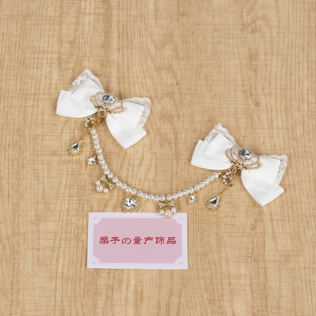 Jirai Kei Bow Hair Clips, Rhinestone Crown and Pearl Chain 44194:802725