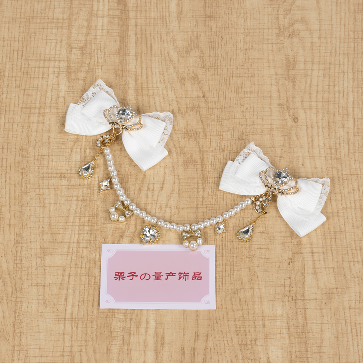 Jirai Kei Bow Hair Clips, Rhinestone Crown and Pearl Chain 44194:802725