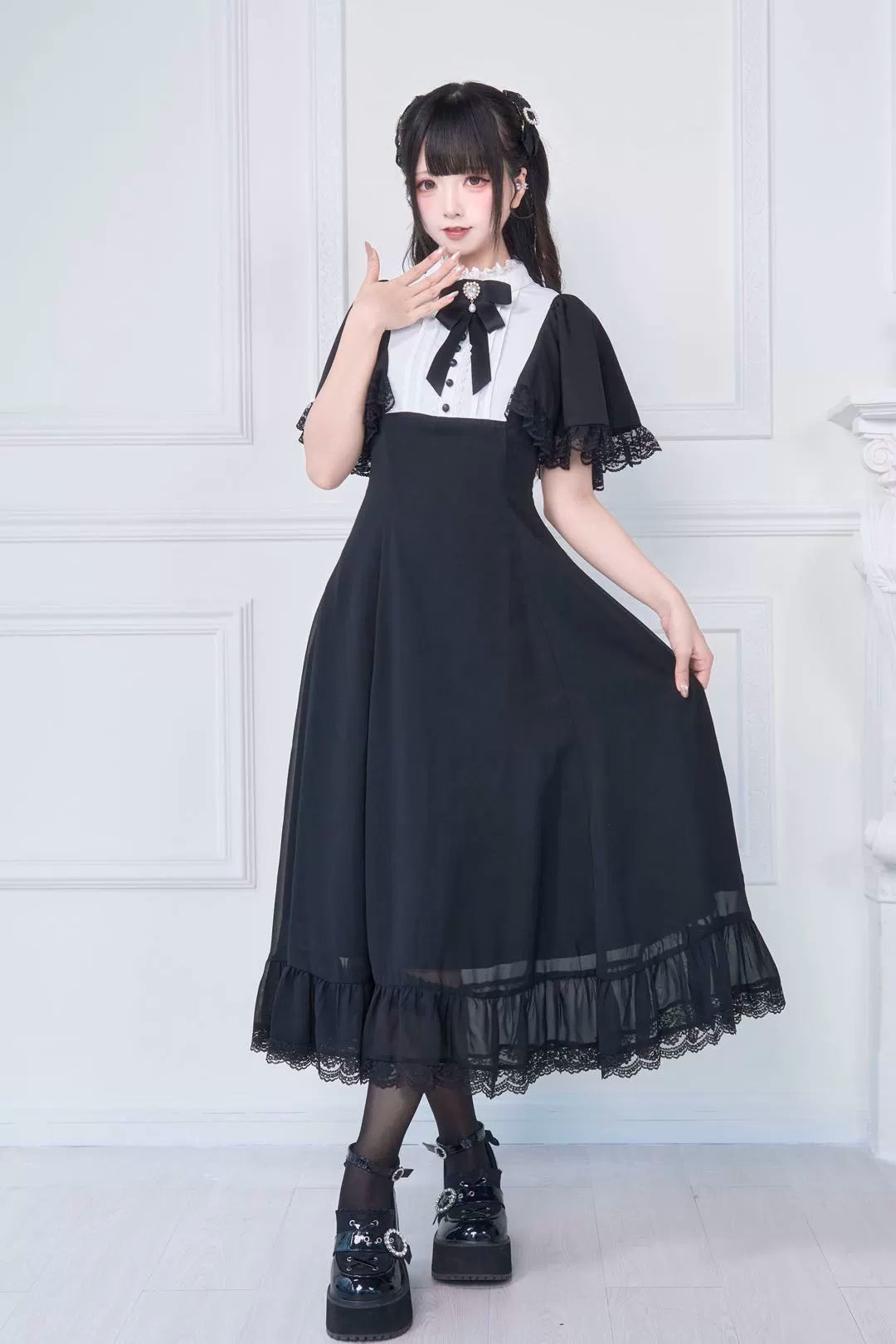 Elegant Jirai Kei Long Dress, Flounce Sleeve, Detachable Bow (L M) 43459:777760