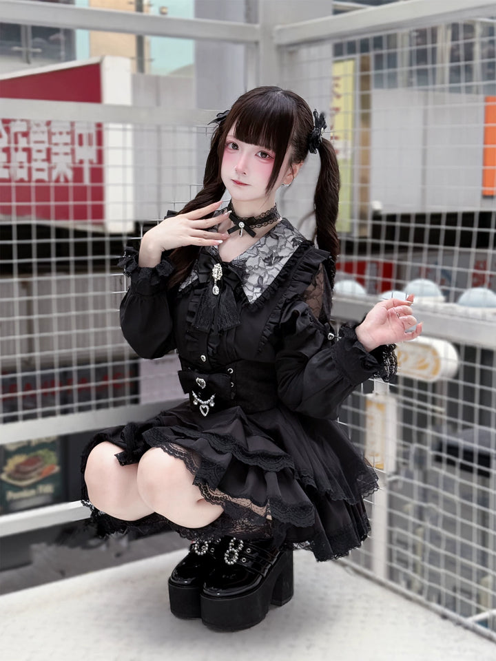 Jirai Kei Long Sleeve Blouse, Lace Open-Shoulder 44588:815077