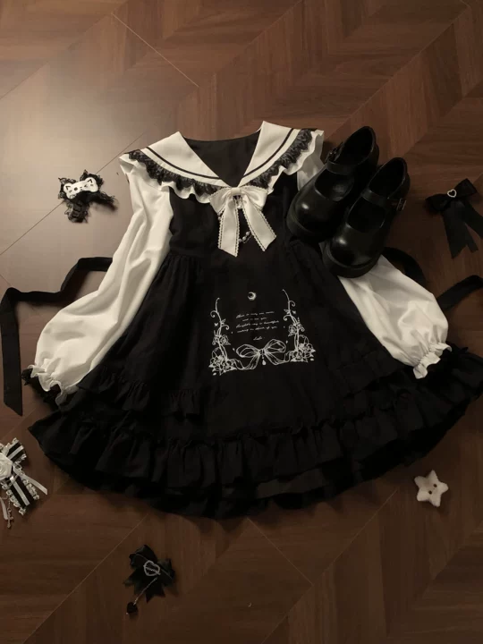 Doll-like Sailor Collar Dress, Back Waist Tie 44325:805844