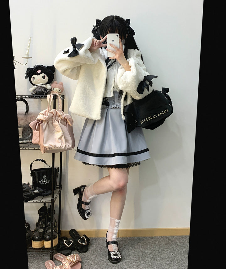 Jirai Kei Winter Coat White Black Plush Jacket With Rabbit Ear 31854:372654 31854:372654