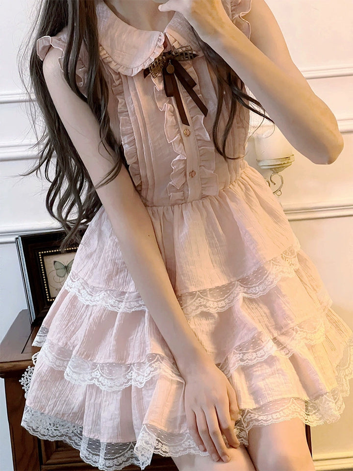 Sweet Style Lace Trim Dress, Tiered Ruffles 43546:779179