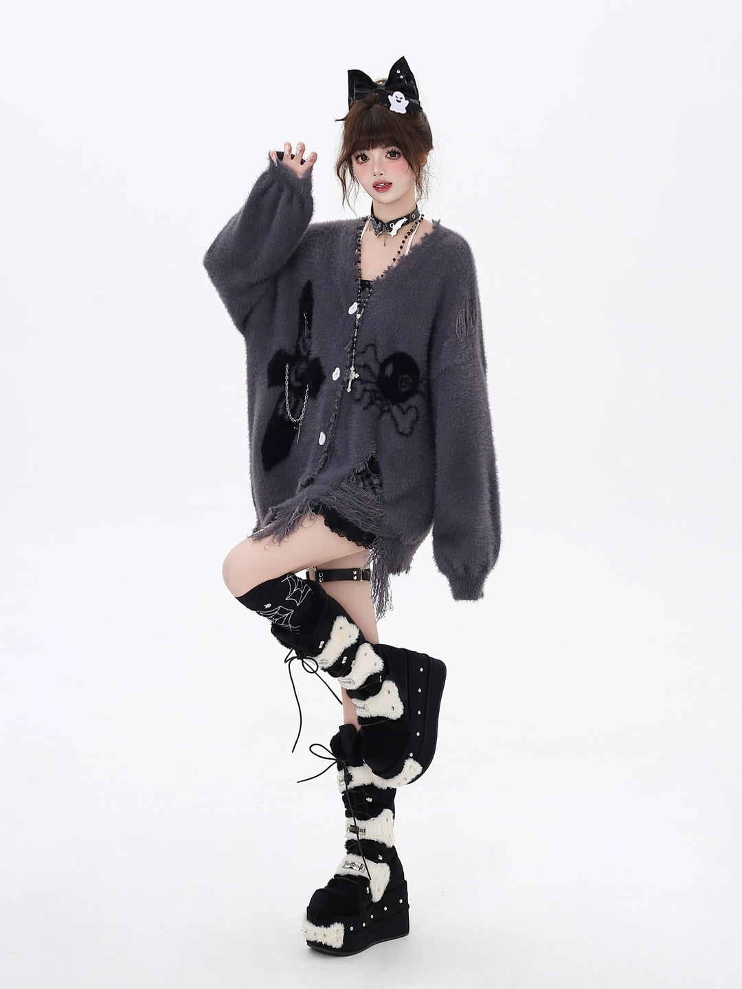 Subculture Sweater Irregular Hem Cardigan With Striped Scarf 40922:680446