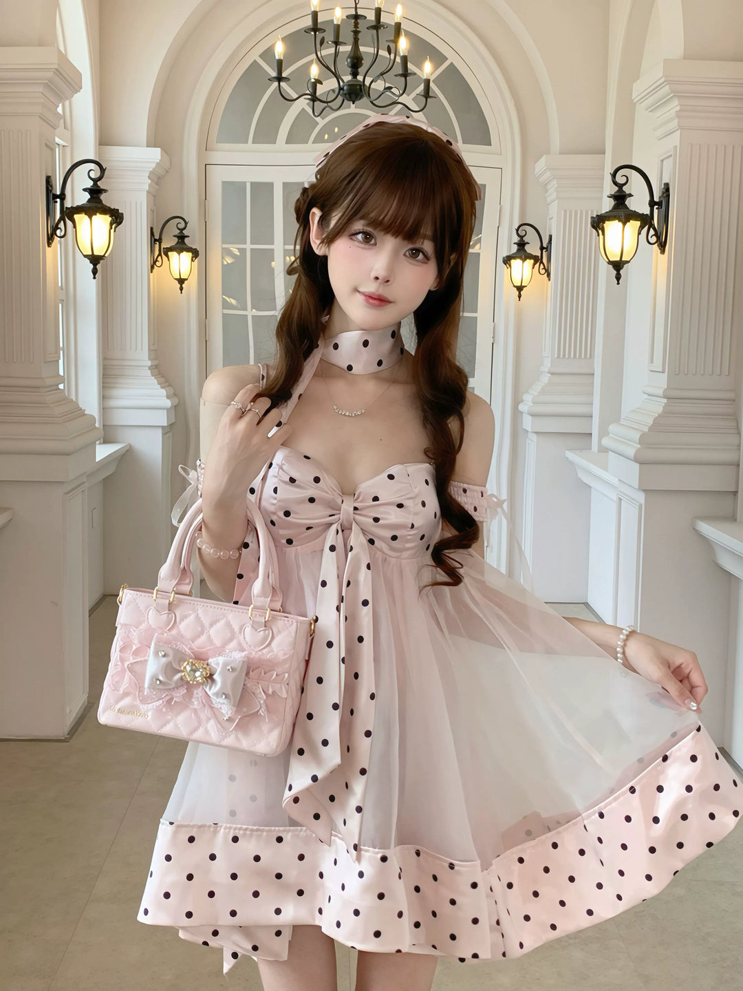 Ryousangata Square Handbag, Lace Bow & Diamond Quilting 45754:862800