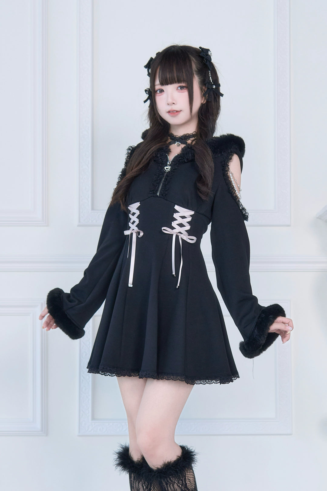 Open-Shoulder Jirai Kei Dress, Oversized Hood (Black) 43940:789823