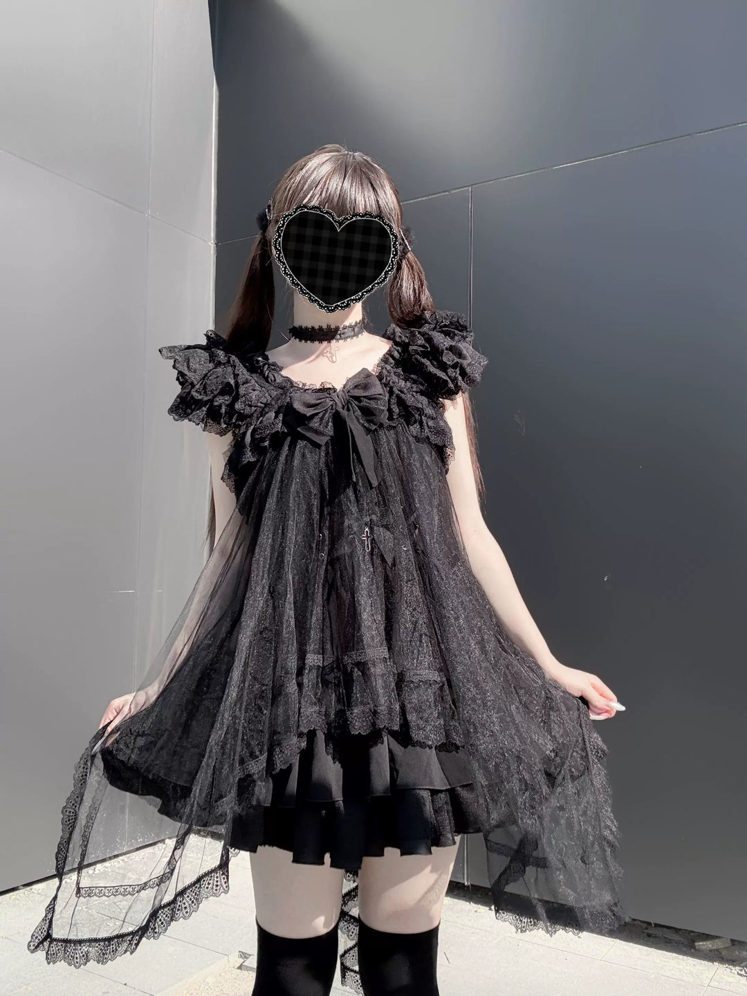 Jirai Kei Solid Color Cami Dress, Irregular Tulle Overlay 45804:865939