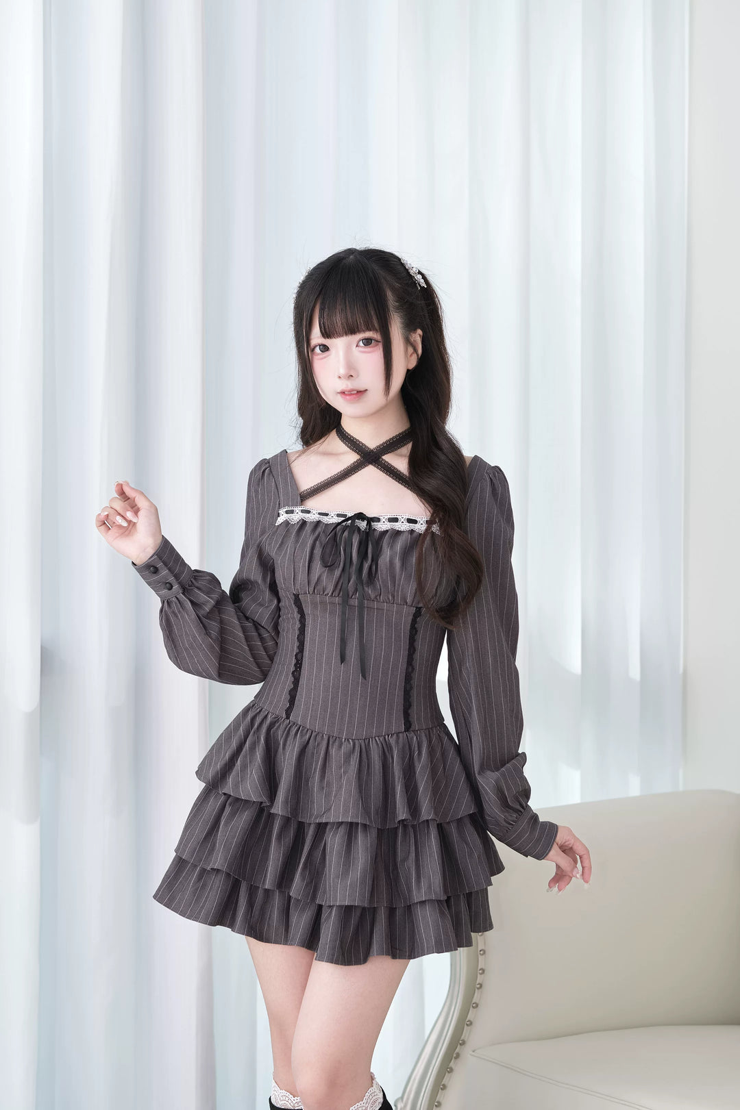 Jirai Kei Halter Neck Dress, Tiered Ruffles (M S) 44688:819231