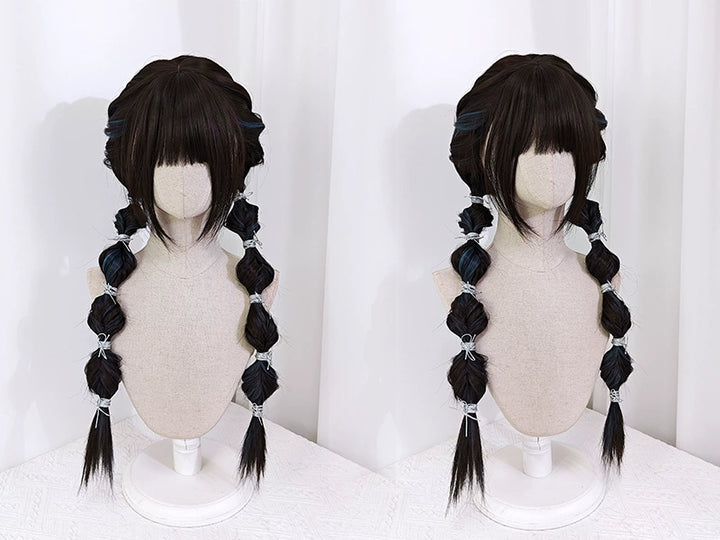 Jirai Kei Dark Brown Hidden Highlight Dyeing Haze Blue Wigs 22050:325258