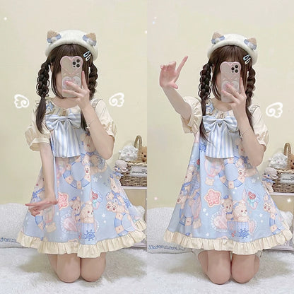 Sweet Lolita Dress Bear Print Jumper Dress Kawaii Salopette 37288:555366