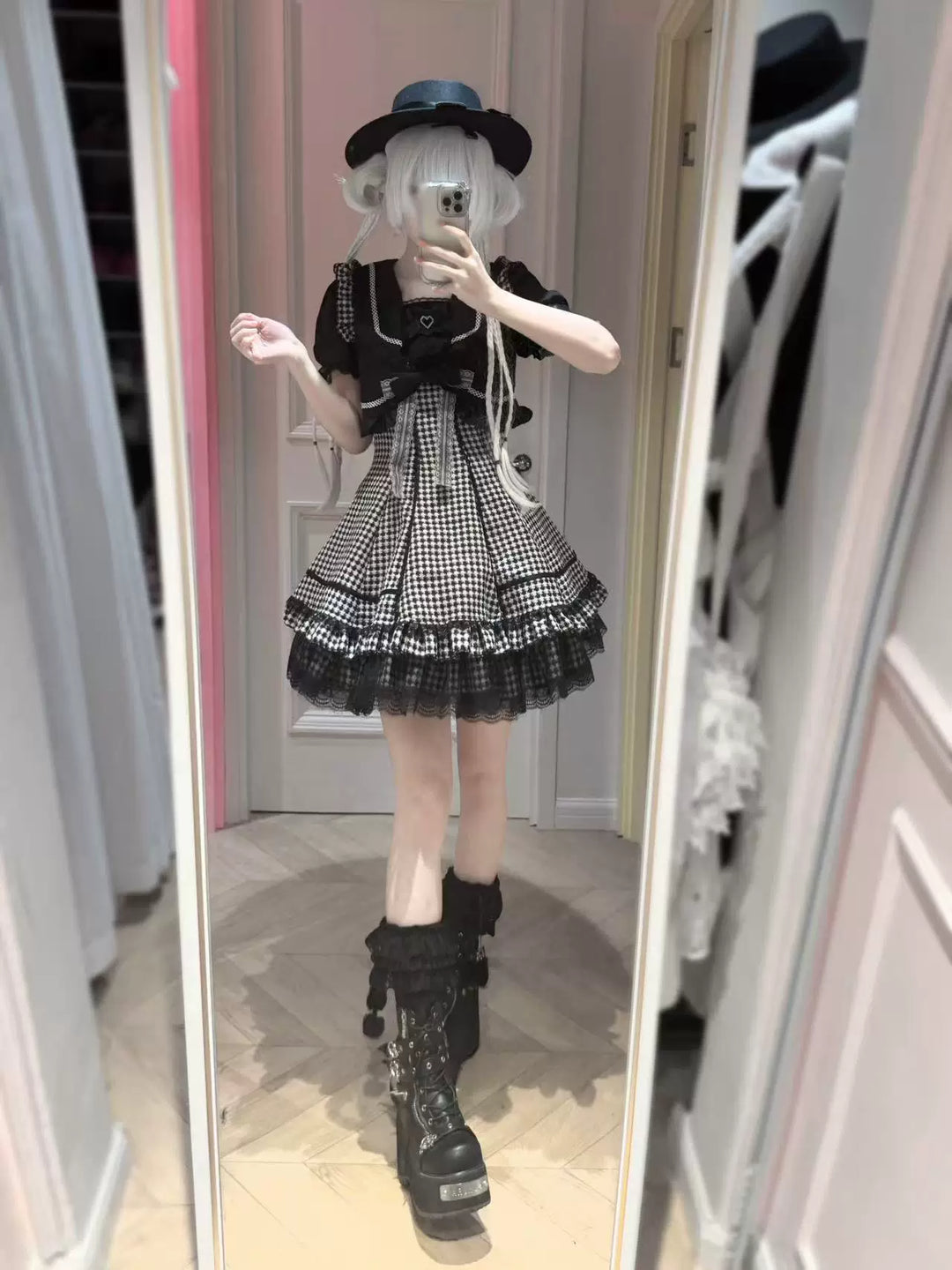 Black Houndstooth Lolita Dress, Faux Two-Piece 45010:839355