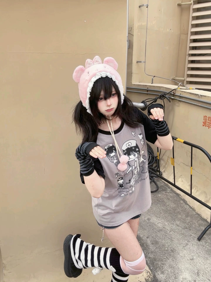 Yami Kawaii Cotton T-Shirt with Angelic Nurse Print 42852:755374