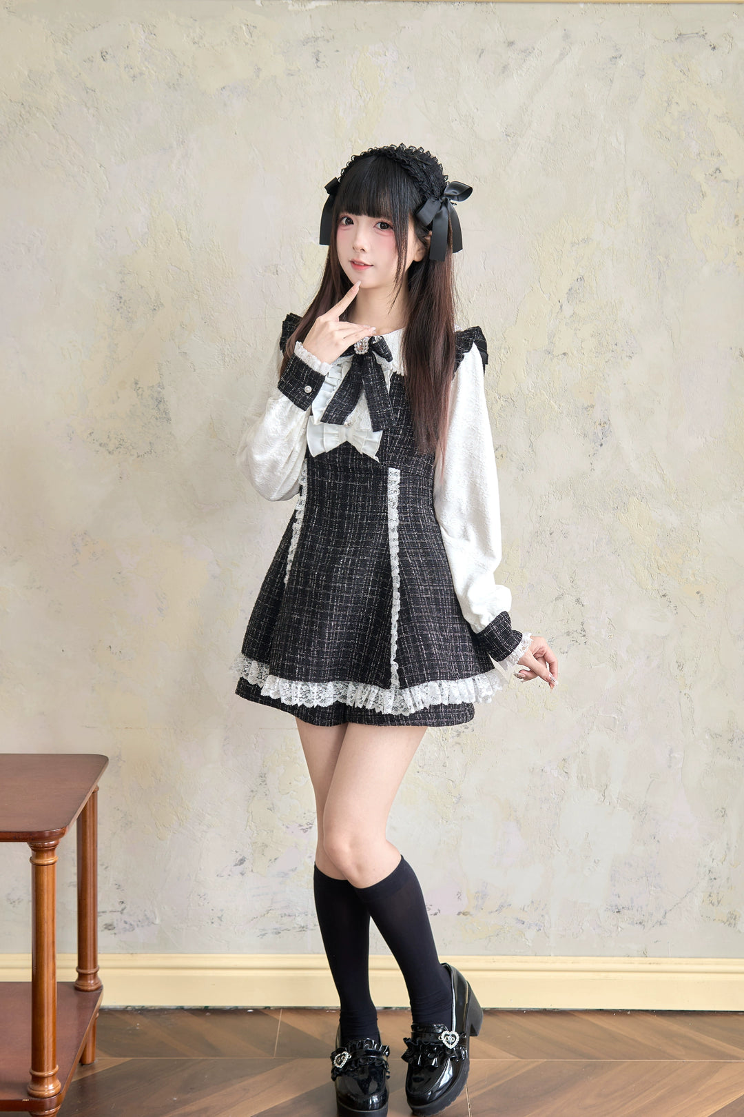 Winter Jirai Kei Dress Set Black Plaid Dress And Shorts Set 41406:701032