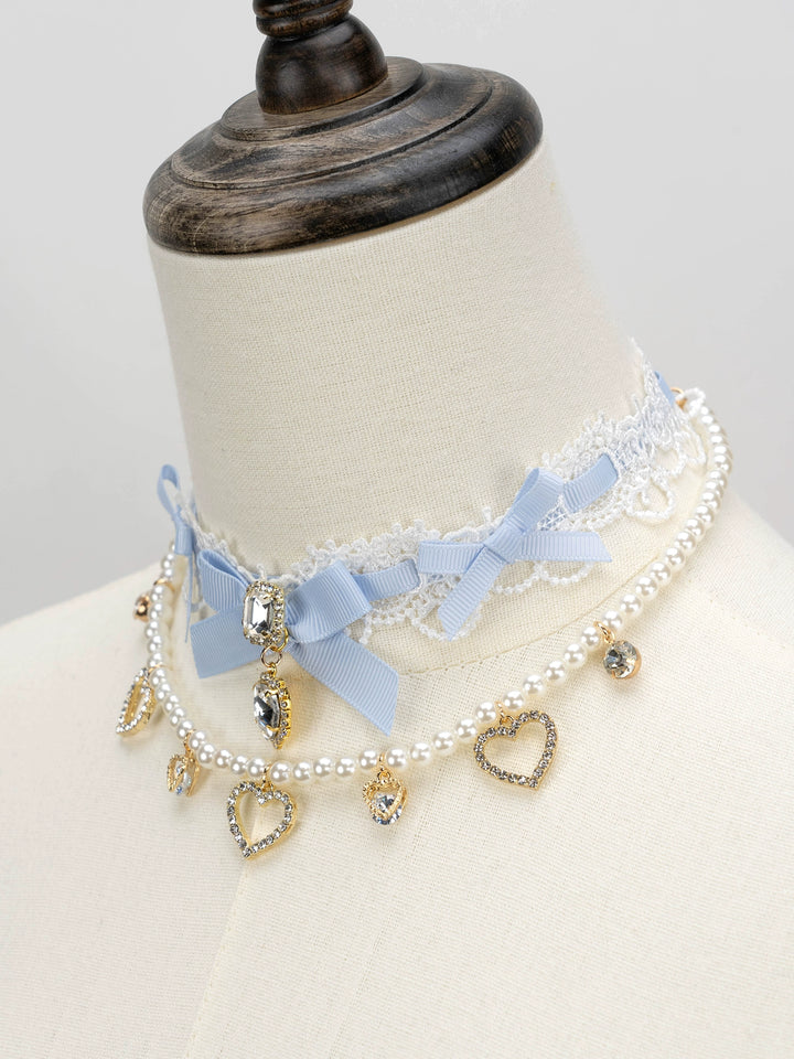 Jirai Kei Necklace Double-layered Pearl Rhinestone Choker 33806:446348 33806:446348